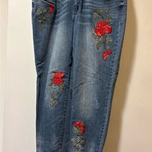 Vintage America Blue Straight-Leg Jeans with Red Rose Embroidery